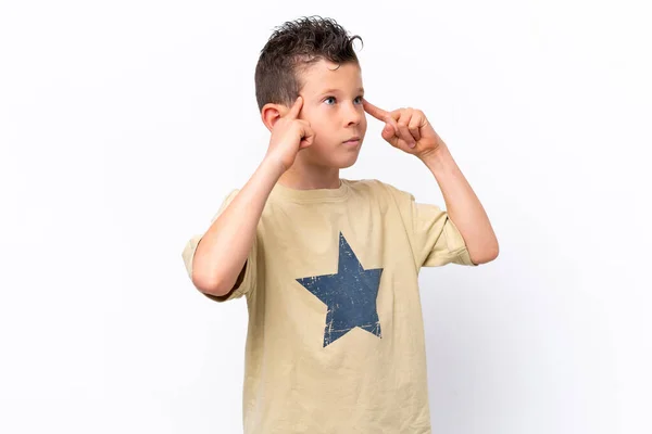 Little Caucasian Boy Isolated White Background Having Doubts Thinking —  Fotos de Stock