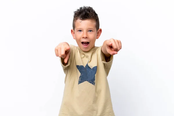 Little Caucasian Boy Isolated White Background Surprised Pointing Front — Photo