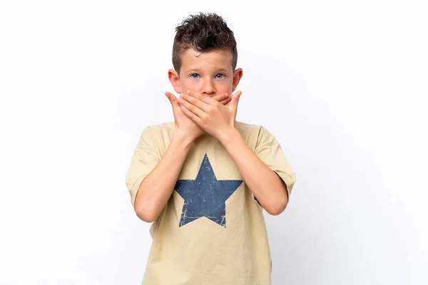Little Caucasian Boy Isolated White Background Covering Mouth Hands — Photo