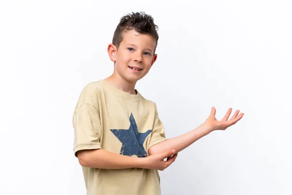 Little Caucasian Boy Isolated White Background Extending Hands Side Inviting — Fotografia de Stock