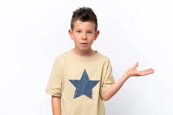 Little Caucasian Boy Isolated White Background Making Doubts Gesture — Stock Photo, Image