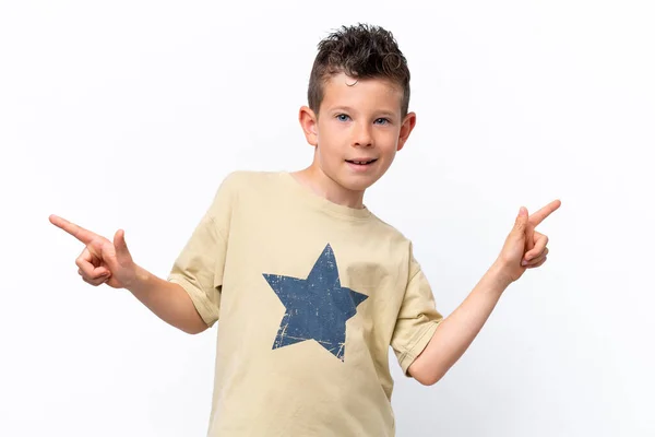 Little Caucasian Boy Isolated White Background Pointing Finger Laterals Happy — Stock fotografie