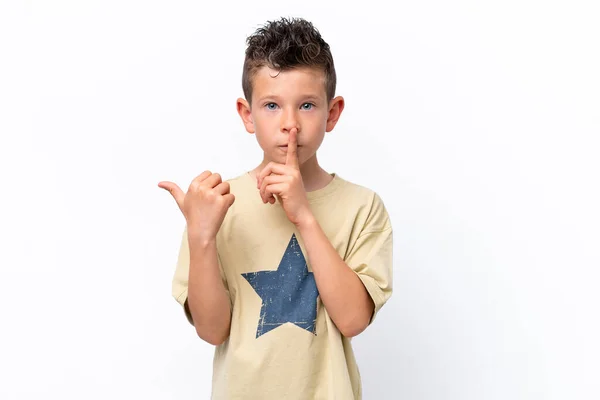 Little Caucasian Boy Isolated White Background Pointing Side Doing Silence — 图库照片