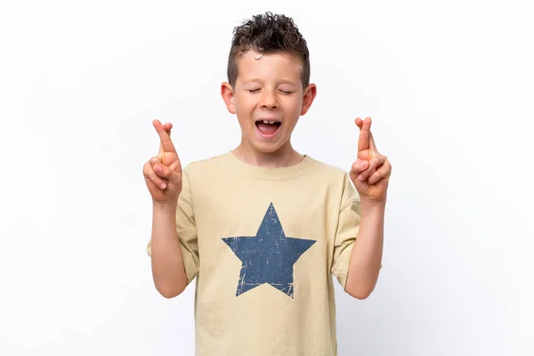 Little Caucasian Boy Isolated White Background Fingers Crossing — Stock Fotó