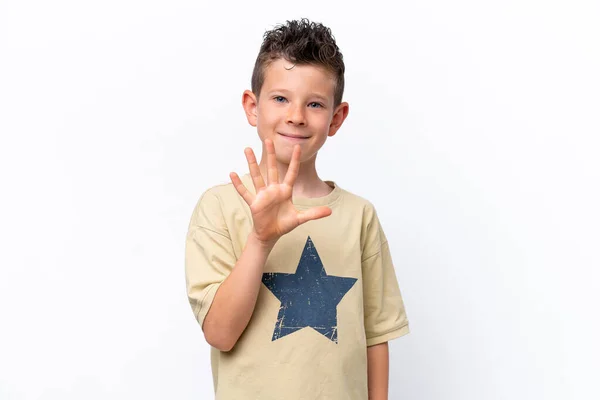 Pequeno Menino Caucasiano Isolado Fundo Branco Contando Cinco Com Dedos — Fotografia de Stock