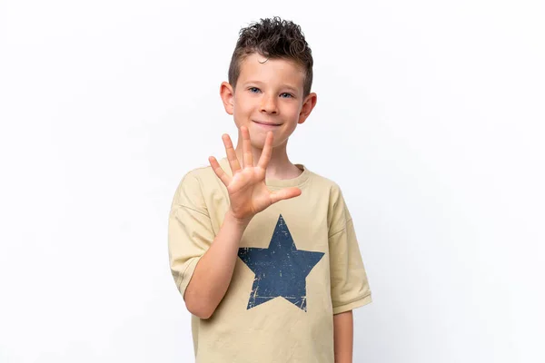 Little Caucasian Boy Isolated White Background Counting Five Fingers — Fotografia de Stock