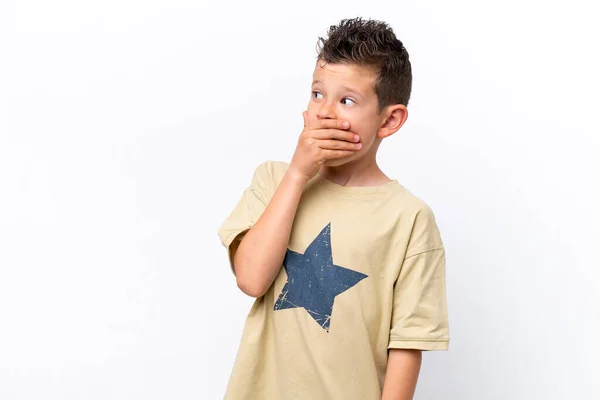 Little Caucasian Boy Isolated White Background Doing Surprise Gesture While — Stock Photo, Image