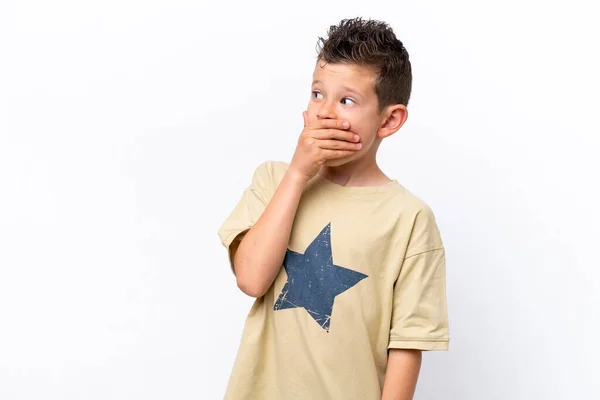 Pequeño Chico Caucásico Aislado Sobre Fondo Blanco Haciendo Gesto Sorpresa —  Fotos de Stock