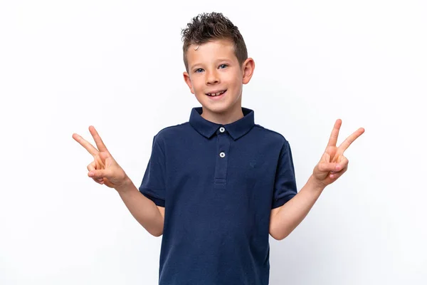 Little Caucasian Boy Isolated White Background Showing Victory Sign Both — ストック写真