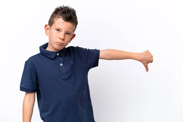 Little Caucasian Boy Isolated White Background Showing Thumb Negative Expression — Stockfoto