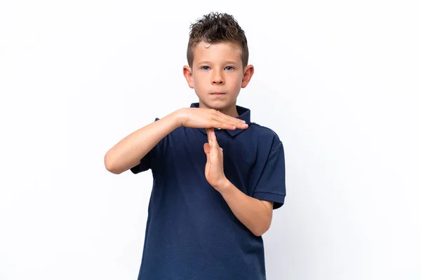 Little Caucasian Boy Isolated White Background Making Time Out Gesture — Fotografia de Stock