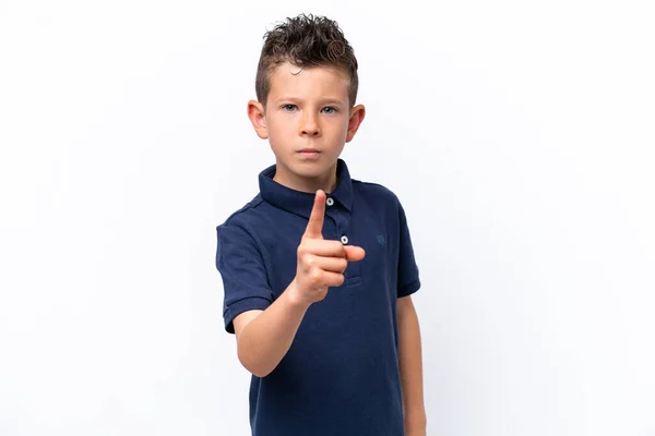 Little Caucasian Boy Isolated White Background Frustrated Pointing Front — Fotografia de Stock