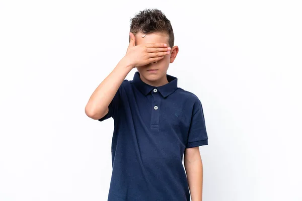Little Caucasian Boy Isolated White Background Covering Eyes Hands Want — Stok fotoğraf