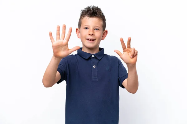 Μικρό Καυκάσιο Αγόρι Απομονωμένο Λευκό Φόντο Μετρώντας Οκτώ Δάχτυλα — Φωτογραφία Αρχείου