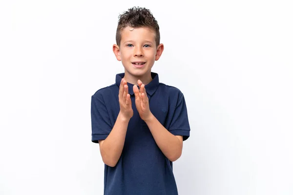 Little Caucasian Boy Isolated White Background Applauding Presentation Conference —  Fotos de Stock