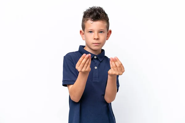 Little Caucasian Boy Isolated White Background Making Money Gesture Ruined — Zdjęcie stockowe