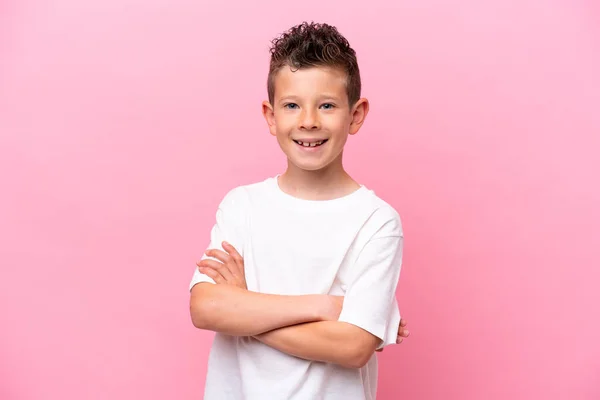 Little Caucasian Boy Isolated Pink Background Keeping Arms Crossed Frontal — Stock Fotó