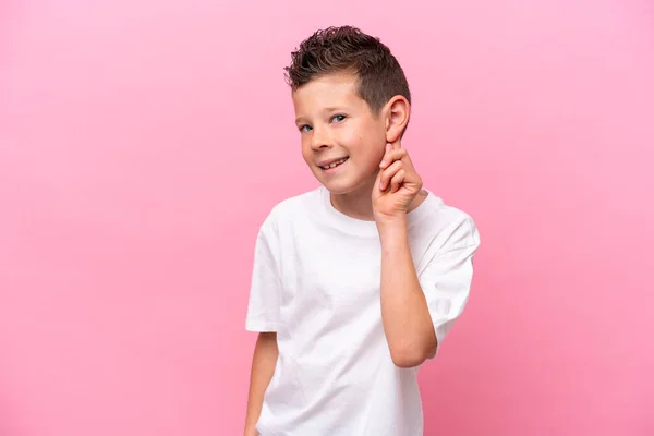 Little Caucasian Boy Isolated Pink Background Laughing —  Fotos de Stock