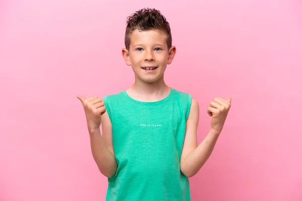 Little Caucasian Boy Isolated Pink Background Thumbs Gesture Smiling — 图库照片