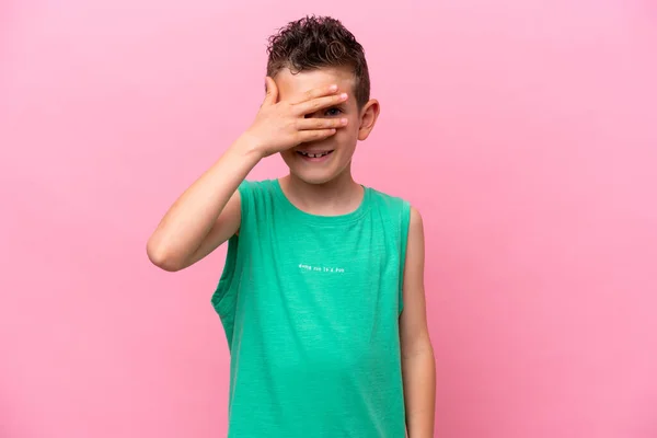 Little Caucasian Boy Isolated Pink Background Covering Eyes Hands Smiling — Stockfoto