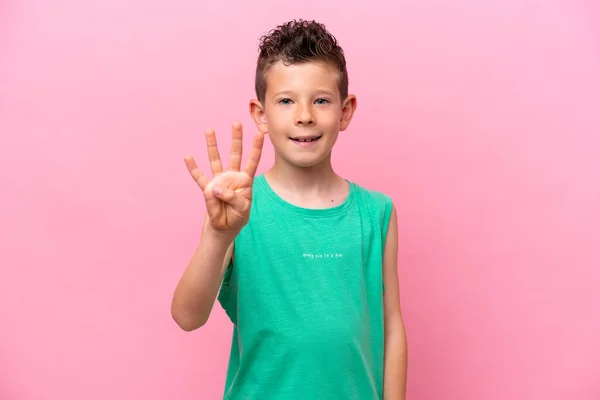 Little Caucasian Boy Isolated Pink Background Happy Counting Four Fingers — Stock fotografie