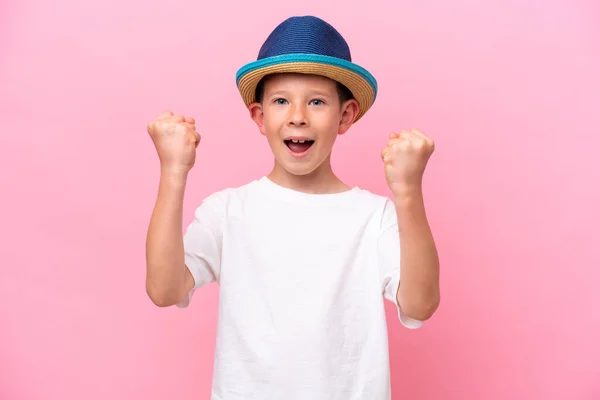 Little Caucasian Boy Wearing Hat Isolated Pink Background Celebrating Victory — Foto Stock