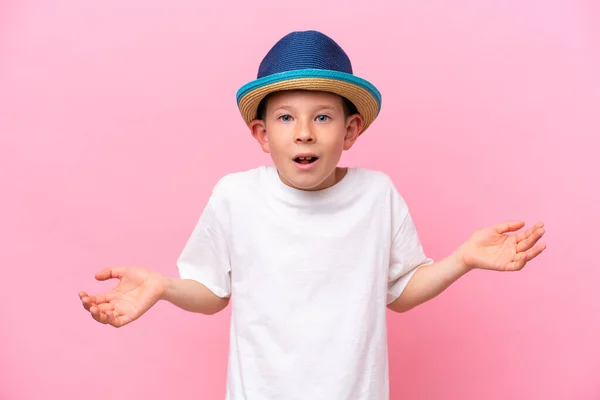 Little Caucasian Boy Wearing Hat Isolated Pink Background Shocked Facial —  Fotos de Stock