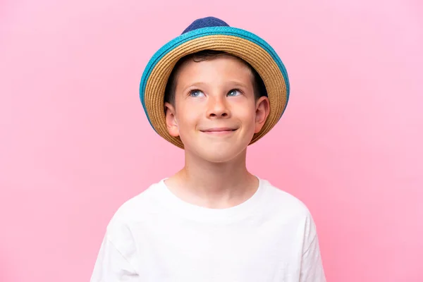 Little Caucasian Boy Wearing Hat Isolated Pink Background — Photo