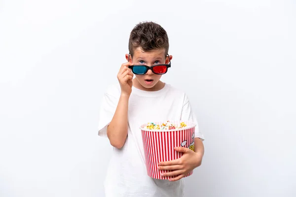 Little Caucasian Boy Isolated White Background Surprised Glasses Holding Big —  Fotos de Stock