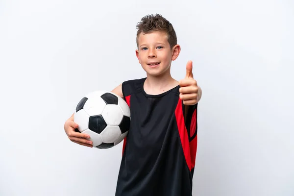 Little Caucasian Boy Isolated White Background Soccer Ball Thumb — Stockfoto