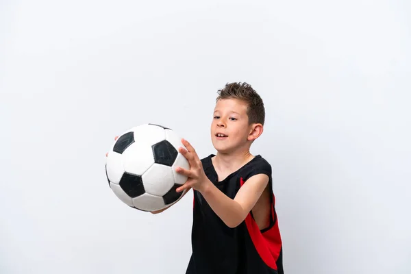 Boy Playing Football Isolated White Wall — Stockfoto