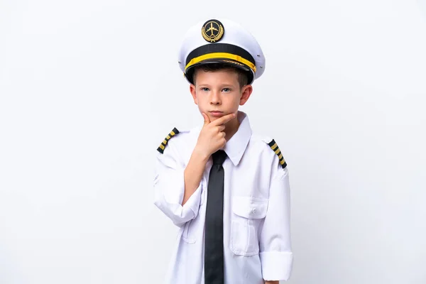 Little Airplane Pilot Boy Isolated White Background Thinking — 图库照片