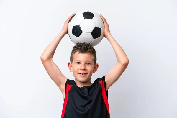 Boy Playing Football Isolated White Wall — Stockfoto