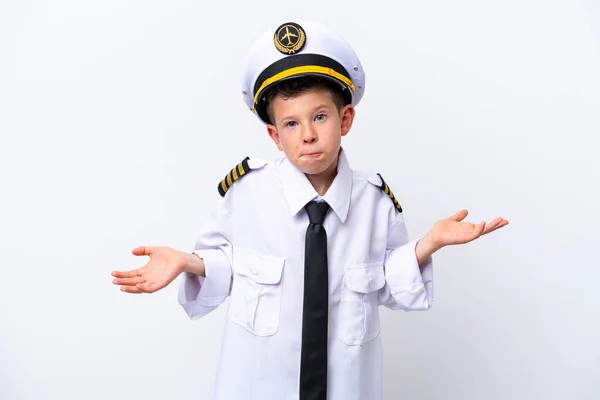 Little Airplane Pilot Boy Isolated White Background Having Doubts While — Stockfoto