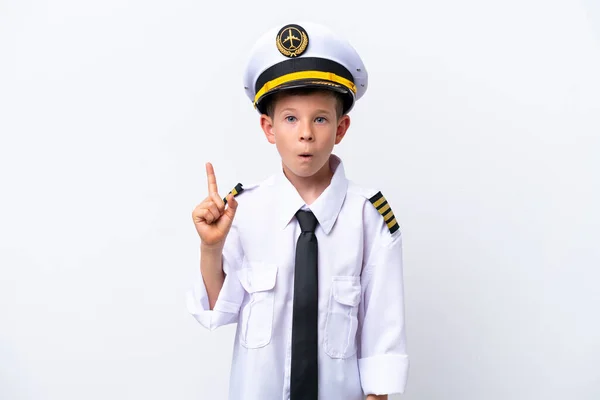 Μικρό Αγόρι Πιλότος Αεροπλάνου Απομονωμένο Λευκό Φόντο Σκοπό Πραγματοποιήσει Λύση — Φωτογραφία Αρχείου