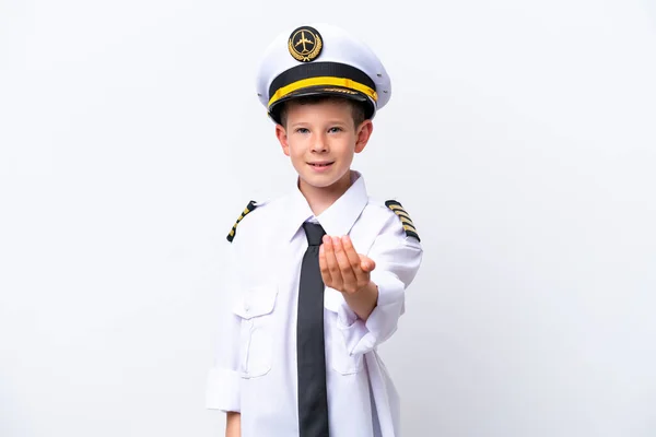 Little Airplane Pilot Boy Isolated White Background Inviting Come Hand — Stok fotoğraf
