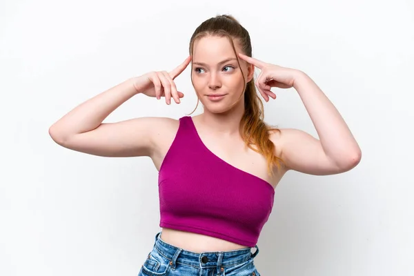 Young Caucasian Girl Isolated White Background Having Doubts Thinking — Stockfoto