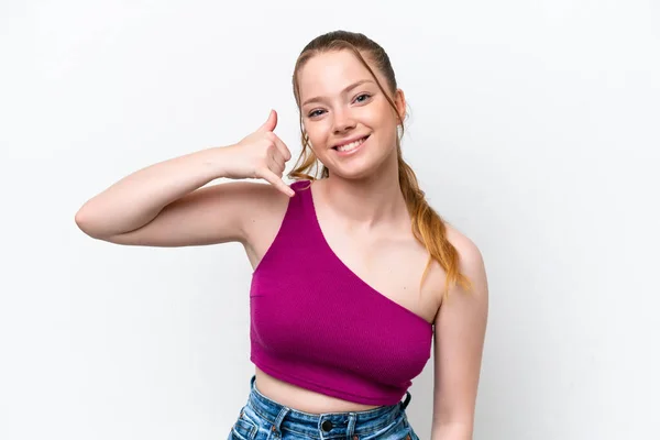 Young Caucasian Girl Isolated White Background Making Phone Gesture Call — 스톡 사진