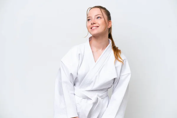 Young Caucasian Girl Doing Karate Isolated White Background Thinking Idea — 图库照片