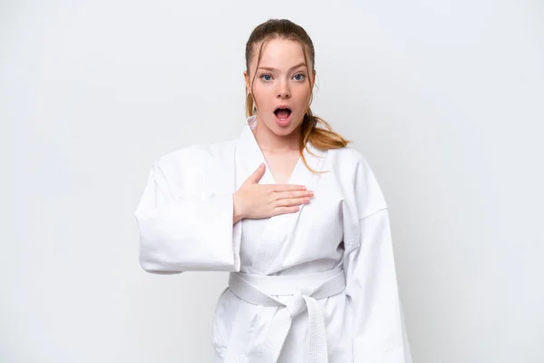 Young Caucasian Girl Doing Karate Isolated White Background Surprised Shocked — 图库照片