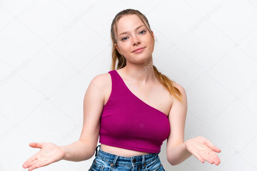 Young caucasian girl isolated on white background having doubts
