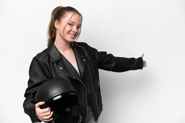 Young Caucasian Girl Motorcycle Helmet Isolated White Background Extending Hands — Stock Photo, Image