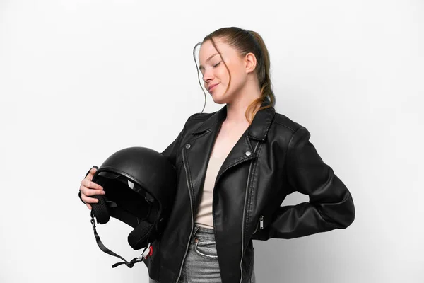 Young Caucasian Girl Motorcycle Helmet Isolated White Background Suffering Backache — Stockfoto