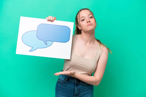 Young Caucasian Woman Isolated Green Background Holding Placard Speech Bubble — Stock Photo, Image