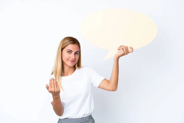 Blonde Uruguayan Girl Isolated White Background Holding Empty Speech Bubble — Stock Photo, Image