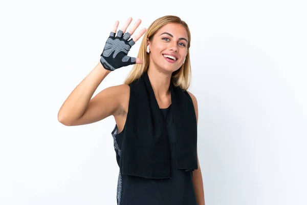 Blonde Uruguayan Sport Girl Isolated White Background Counting Five Fingers — Stockfoto