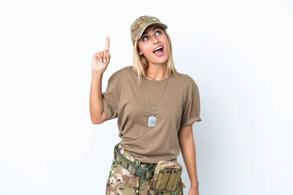 Military Woman Dog Tag Isolated White Background Pointing Surprised — Foto de Stock