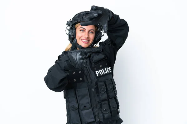 Swat Caucasian Woman Isolated White Background Focusing Face Framing Symbol — Stock Photo, Image