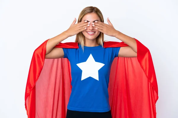 Super Hero Caucasian Woman Isolated Background Covering Eyes Hands — Zdjęcie stockowe