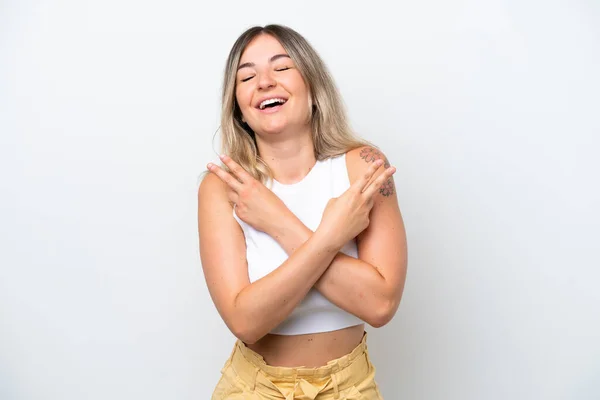 Young Rumanian Woman Isolated White Background Smiling Showing Victory Sign — 스톡 사진